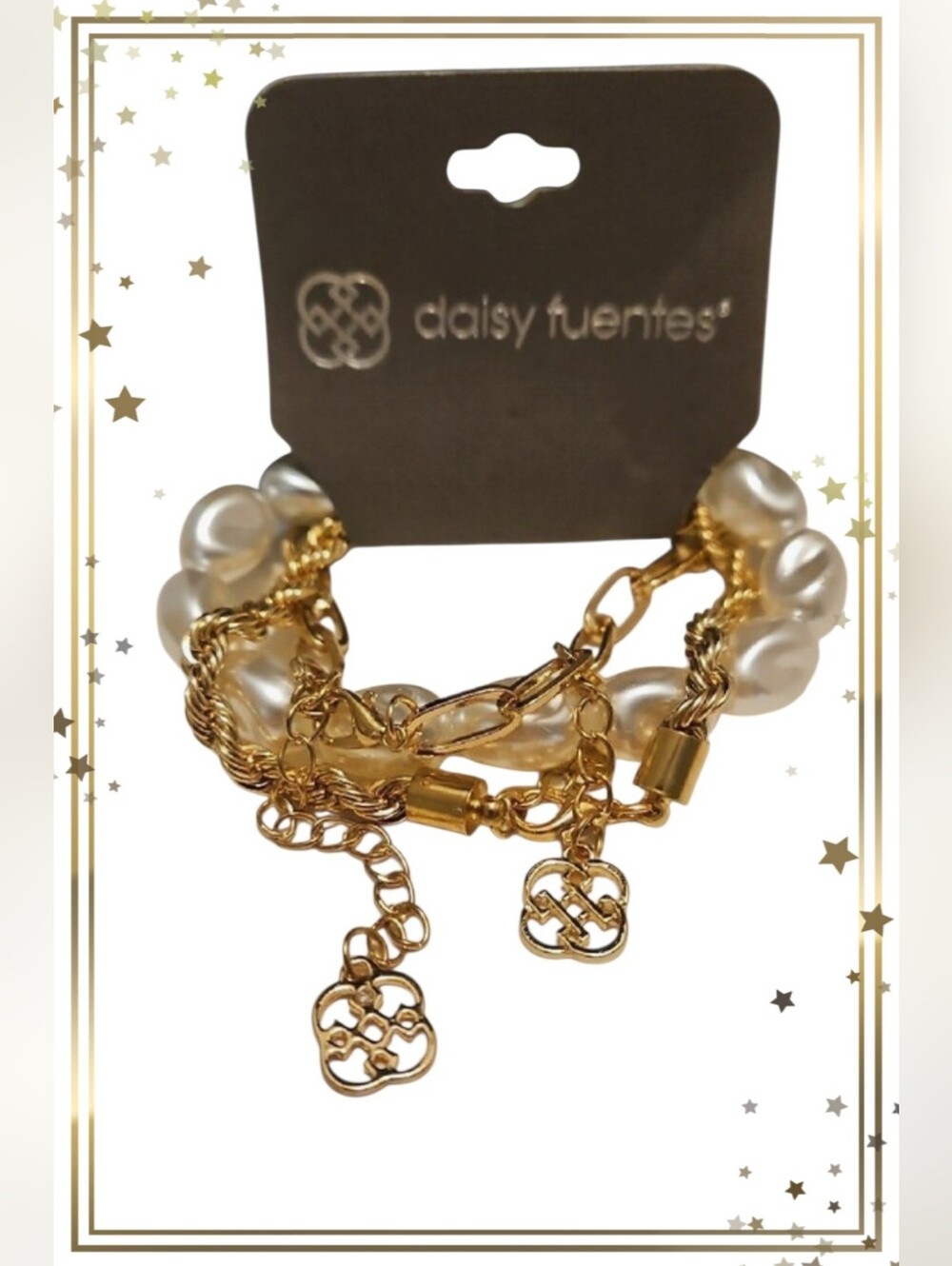 Daisy Fuentes 3 Bracelet Set- Gold Tone, Logo Charms & Simulated Pearls